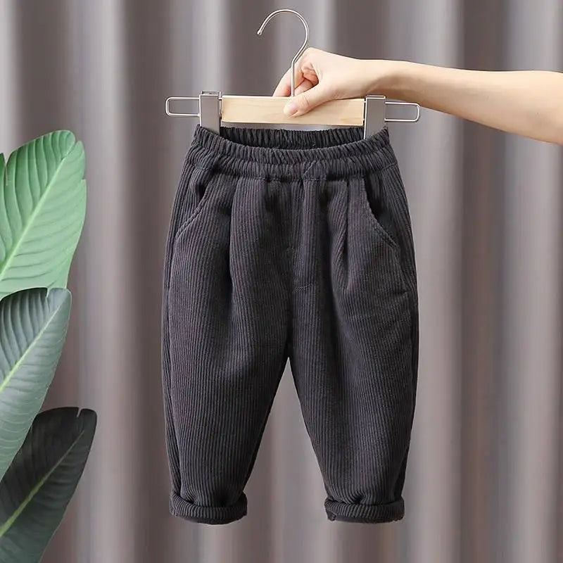 Boys' Plush Corduroy Pants for Winter Wear 2024 New Children Integrated Velvet Warm Pants for Boy Autumn with Plush Outer Wear