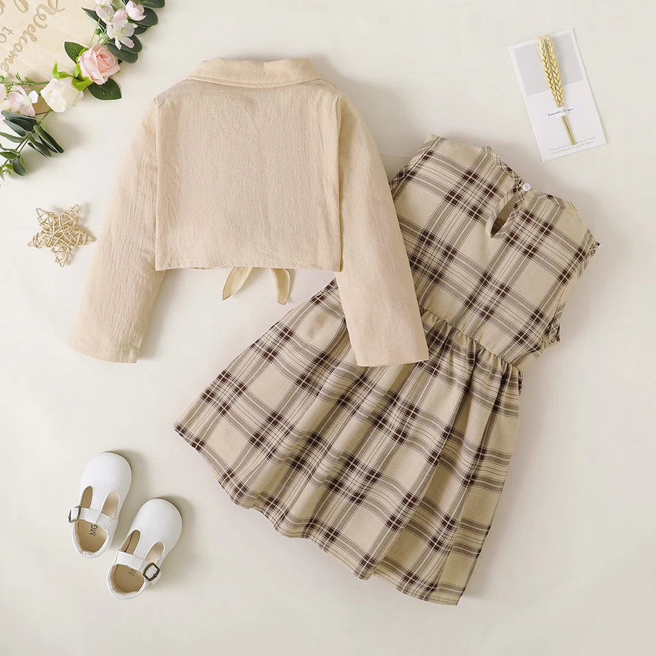 Children Clothing Elegant Almond-Colored Girls Dress Set Jacket and Grid Long Skirt Stylish Spring and Autumn Children Sets