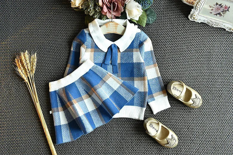 Baby Girls Winter Clothes Set Christmas Outfits Kids Girls Plaid Knit Sweater&skirt Fall Girl Clothing Set Children Costume