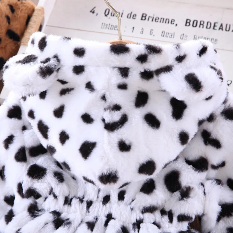 Autumn Winter Plush Baby Girls Jacket Fashion Leopard Print Warm Faux Fur Coat For Girls Hooded Outerwear 2-8 Years Kids Clothes