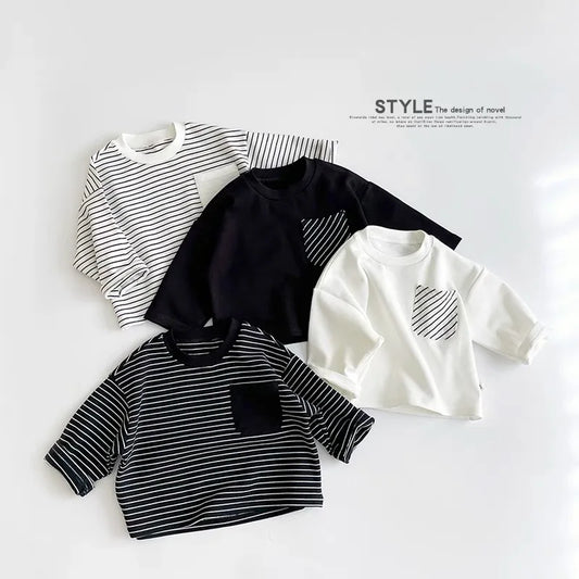 Trendy Striped Tshirt Fashion New Versatile Casual Loose Round Neck Tees New Design Long Sleeve Solid Color Tops