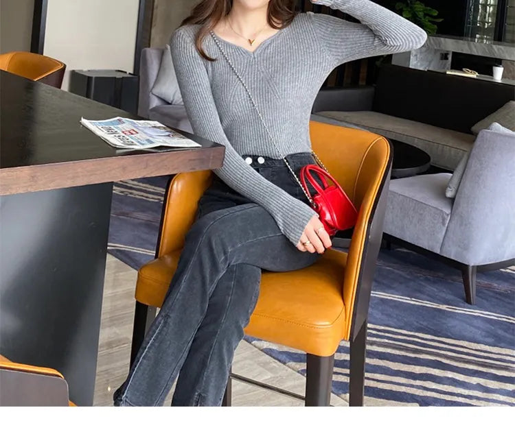 ITOOLIN Women Slim V-Neck Bottoming Sweater Autumn Winter For Women Casual Pullovers Long Sleeve Knit Warm Office Sweater 2024