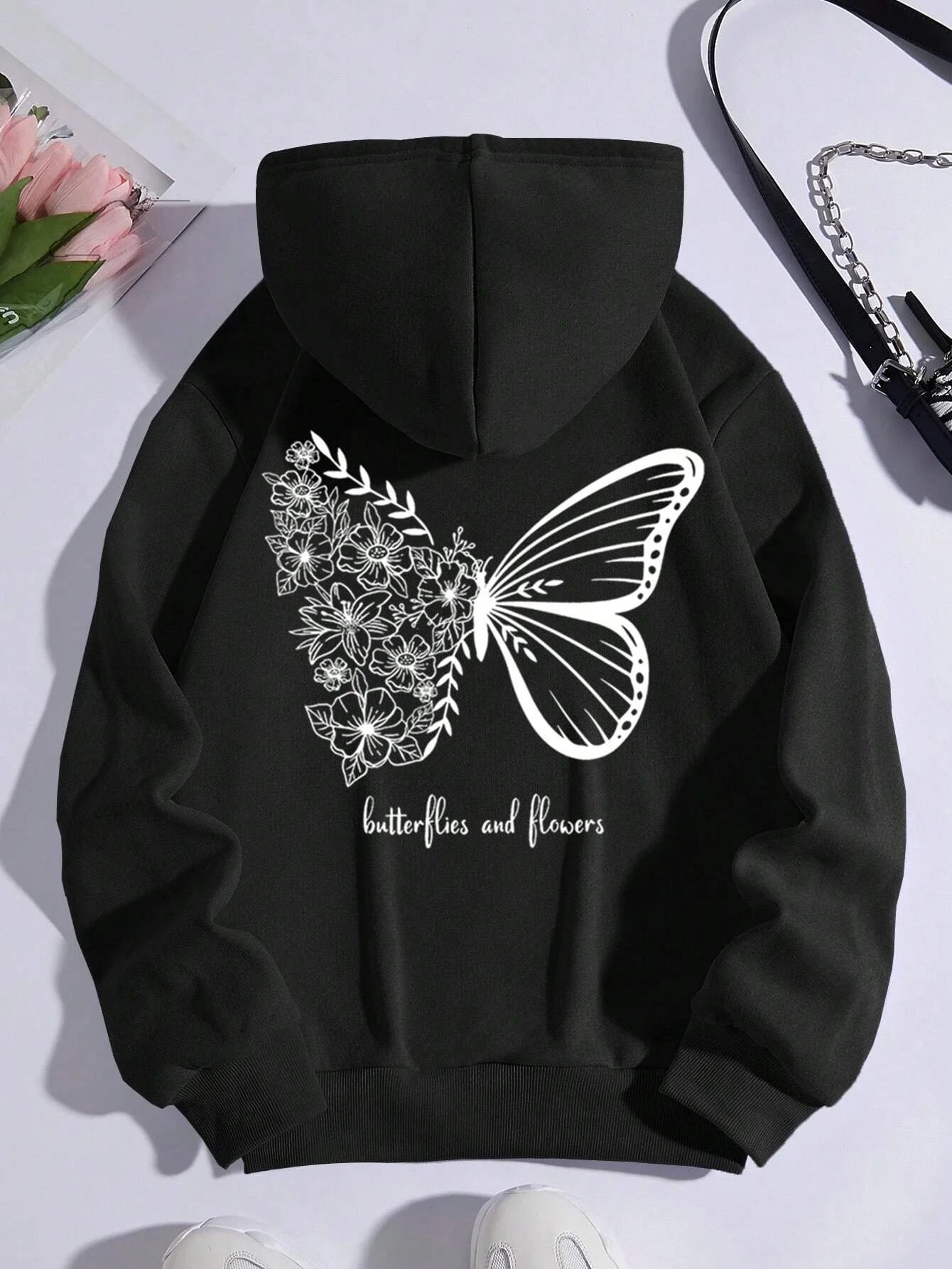 Butterflies And Flowers Simple Style Women Hoodies Fashion Crewneck Sweatshirt Casual Oversize Hoody Autumn Fleece Sportswears