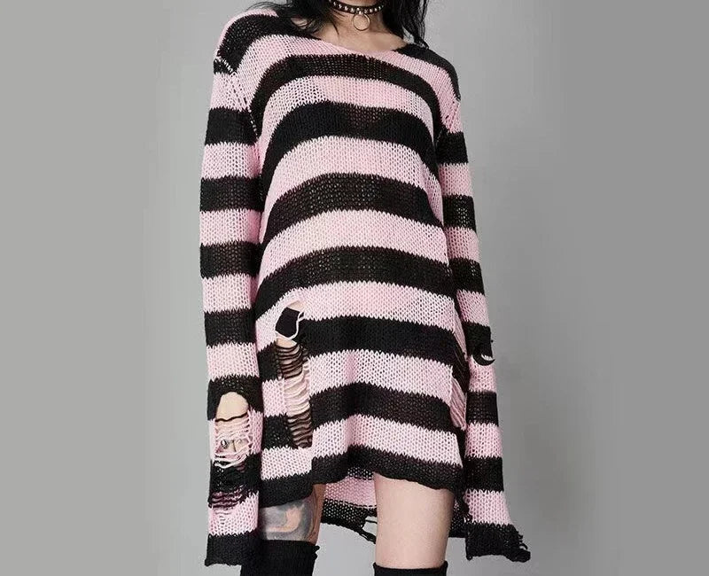 Autumn Punk Gothic Top Long  Unisex Sweater Women Striped Cool Hollow Out Hole Broken Jumper Loose Rock Thin Dark Streetwear