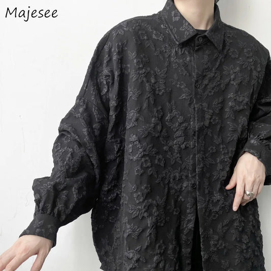 Shirts Men Floral Japanese Style Fashion Loose Pleated Long Sleeve Vibe All-match High Street Youthful Cool Designed Vintage