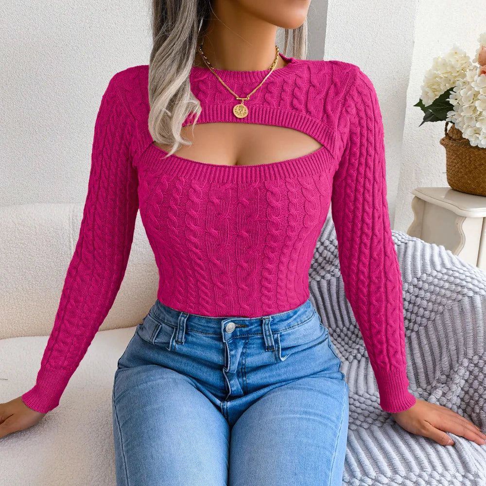 New Autumn And Winter Women's Fashion Hollow Out Fried Dough Twists Long Sleeve Sweater Round Neck Solid Fit Women's Wear 2024