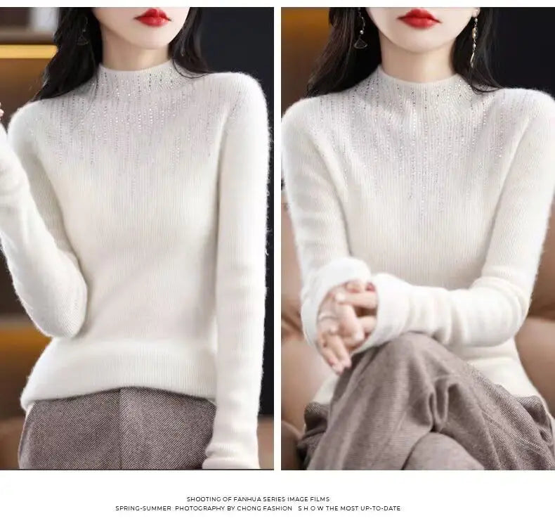 Hot Diamond Half High Neck Sweater Women's Pullover Autumn and Winter New Fit Versatile Warm Knitted Sweater Women