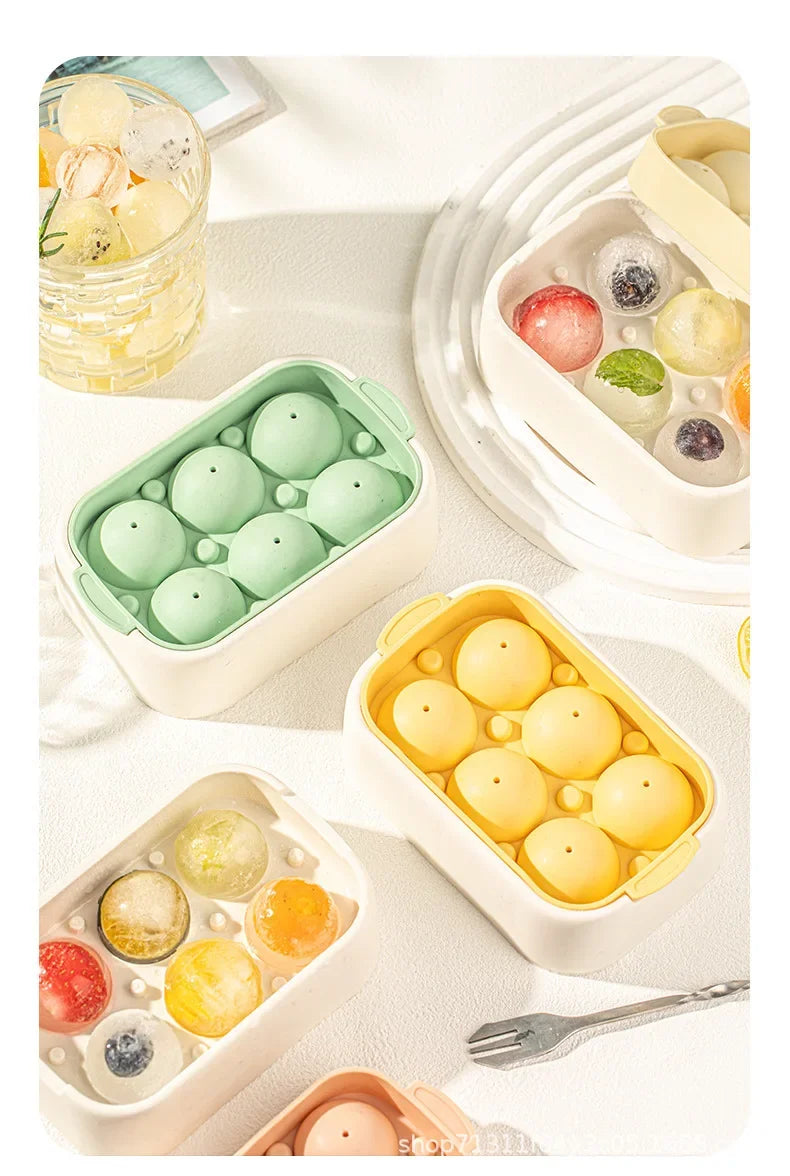 6-cell Round Ice Cube Home Mold with Lid Summer Cooling Juice Drink Whiskey Ice Ball Maker Kitchen Gadgets PP Ice Cube Tray