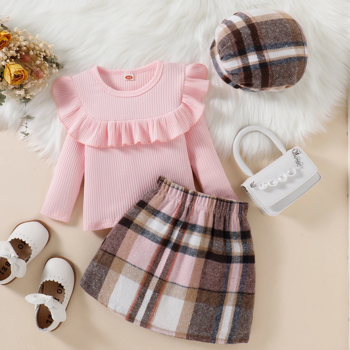 3PCAutumn 1-4 Years Old Girl Baby Fashionable Foreign Style Round Collar Pink Color Pit Strip Long-Sleeved Top + Plaid Skirt Hat