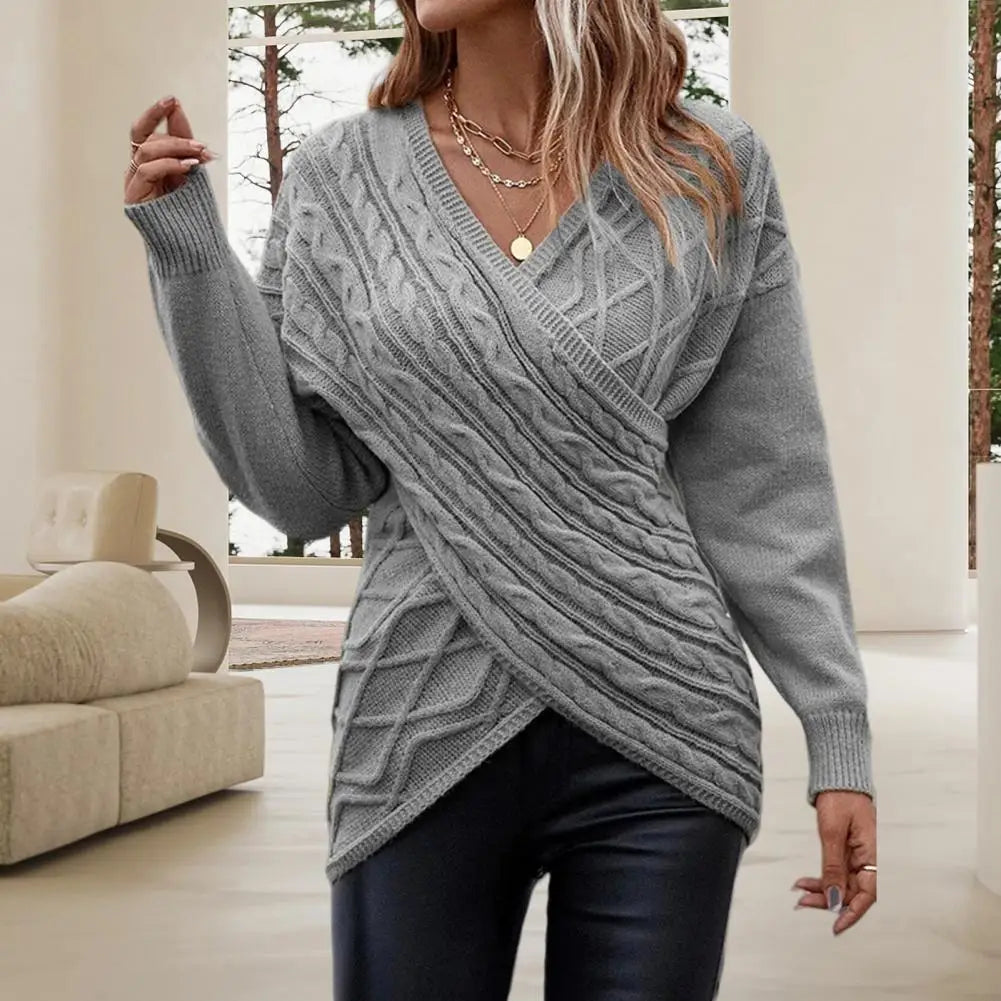 Women Knitted Pullover Stylish Twist Pattern Knitting Sweater Autumn Winter Slim Fit Women Sweater V Neck Solid Color Knitwear