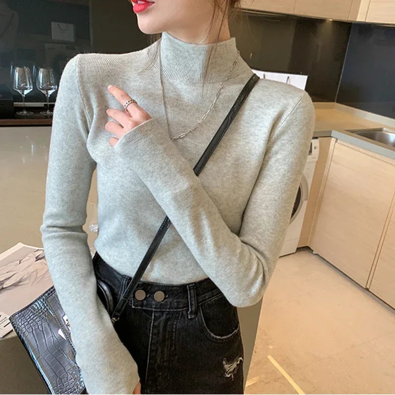 Autumn Turtleneck Sweater Women Fashion Stretch Tops Women Knitted Pullovers Long Sleeve Bottoming Knitted Sweater