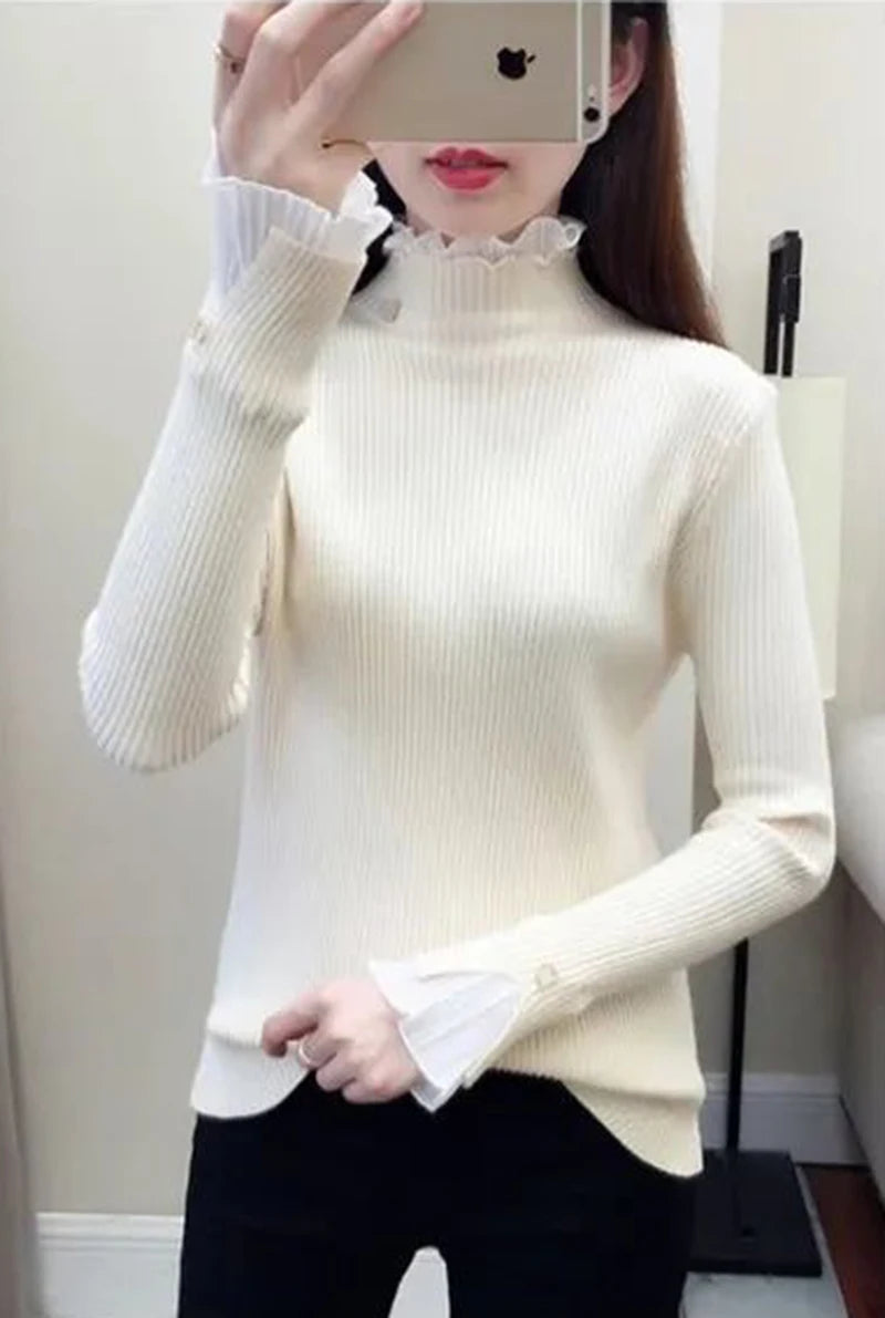 Y2k Turtleneck Women Sweaters Korean Lace Patchwork Female Warm Pullovers Autumn Elegant Chic Flare Sleeve Ladies Casual Tops