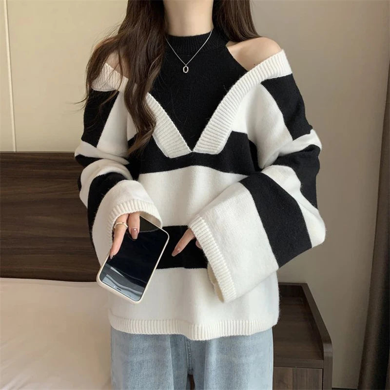 Y2K Stripe Halter Women Sweaters Korean Knitted Loose Patchwork Female Pullovers Autumn Preppy Style All Match Chic Ladies Tops