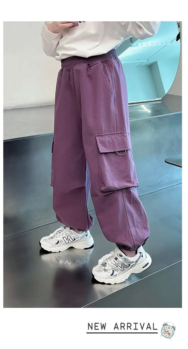 Girls Purple Casual Pants Big Children's Clothing Korean Black Cargo Long Pants Girls 2024 Spring Fashion New Cotton Trousers