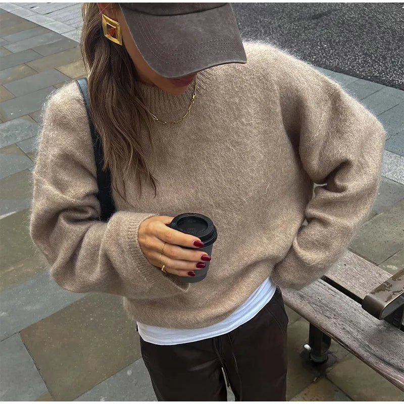 Casual Brown O-Neck knitted Cashmere Pullover Women Fashion Full Sleeve Loose Commute Jumper 2024 Autumn Lady Street Outerwears