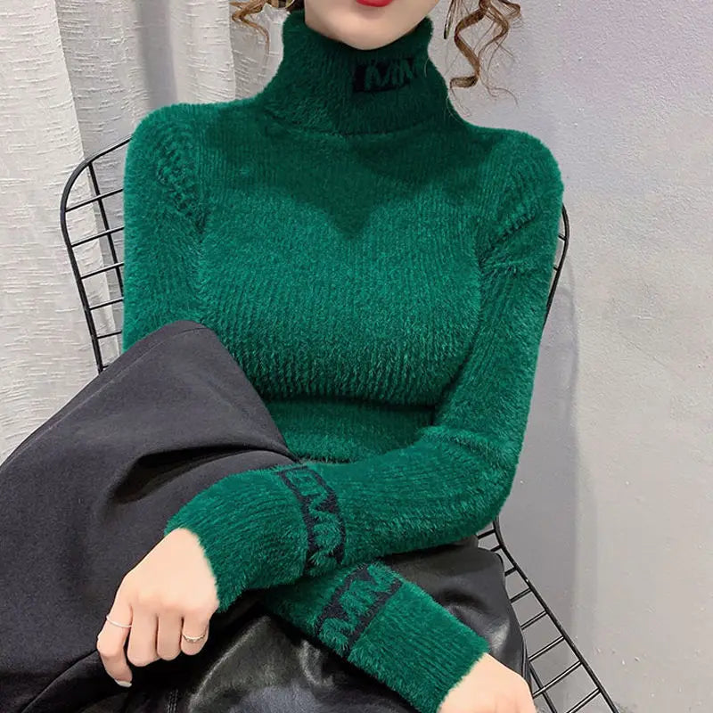 Autumn Winter New Letter Printing Sweaters Long Sleeve High Neck Solid Color Slim Youth Pullovers Elegant Fashion Women Clothing