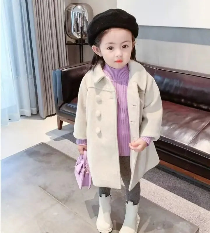 Winter Girl Baby Jacket Outdoor Cardigan Children's Medium Length Woolen Cotton Coat Thickened Double Breasted Jacket New 2024