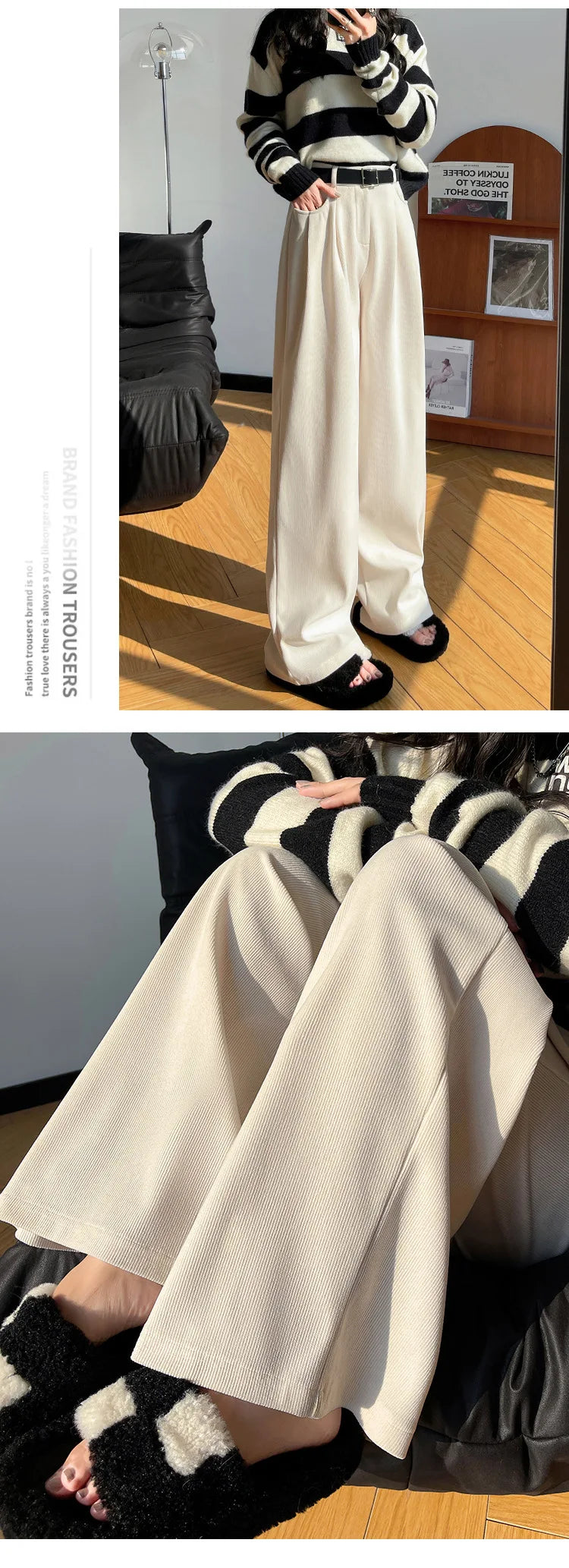 Elegant Wide Leg Pants for Women 2024 Autumn New Maillard Full Length Trousers Winter Women's Baggy Pants with Velvet Sweatpants