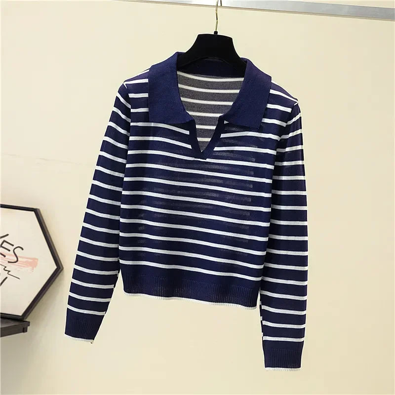 Women's Striped V-neck Pullover Polo Sweater Early Autumn All-match Tops Long-sleeved Knitted Bottoming Sweaters Jumpers New