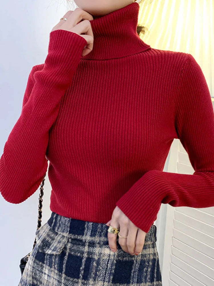 ZOKI New 2023 Women Pullover Turtleneck Sweater Autumn Long Sleeve Slim Elastic Korean Simple Basic Cheap Jumper Solid Color Top