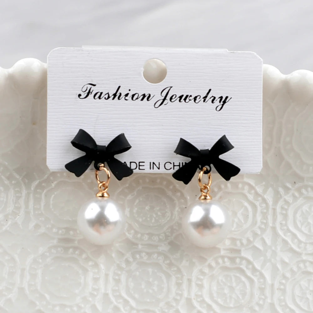 Red Black Bow Knot Drop Earrings for Women Elegant Party White Round Imitation Pearl Dangle Earrings Geometry Party Jewelry Gift