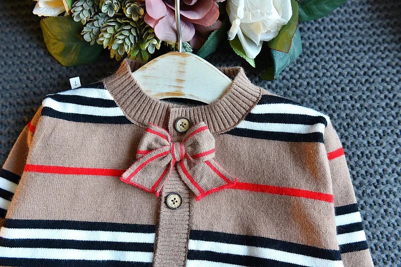 Baby Girl Clothes Set Autumn Winter New Fashion Striped Sweater Suit Cute Bow Knitted Two-piece 2-6 Years Kids Clothing