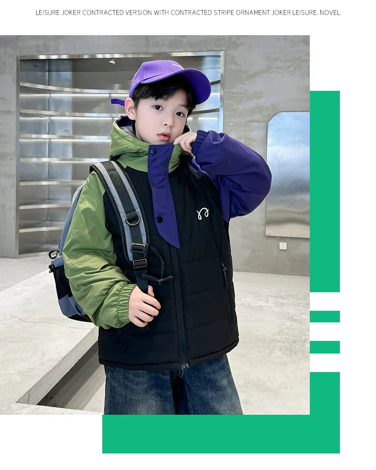 Children's Jackets Winter Parkas for Boys Coats Korean Teen Kids Cotton Velvet Padded High Quality Outerwear Pocket Hooded Coats