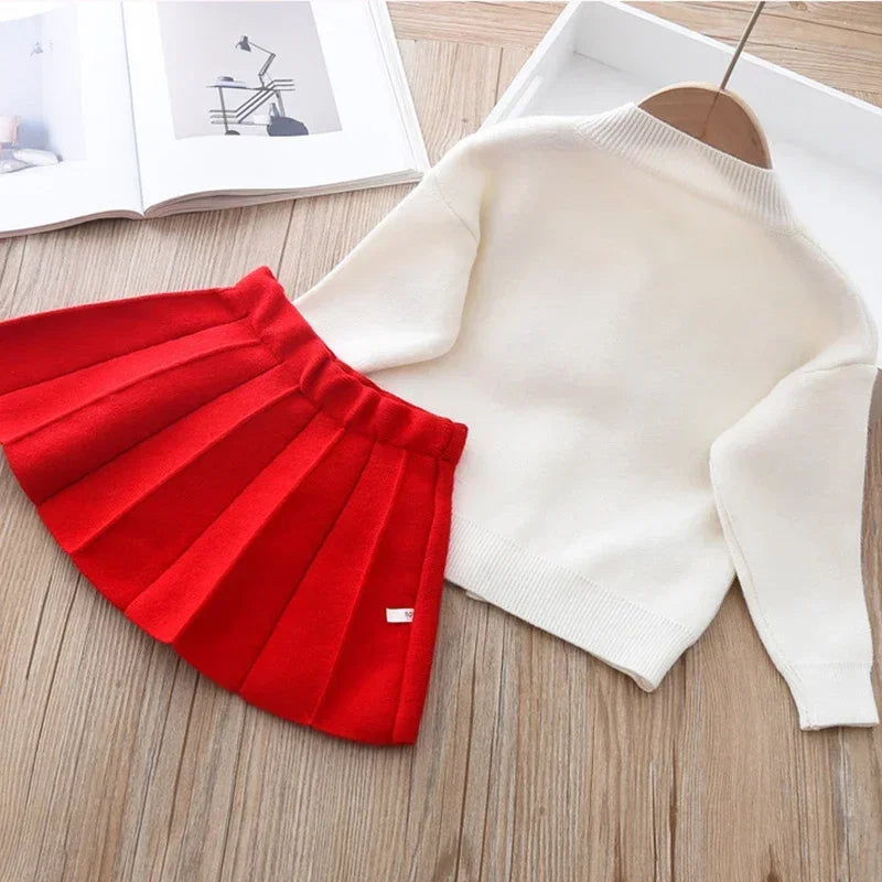 Girls long sleeve knitting suit 2024 Christmas autumn winter new girls sweater cardigan knitting Top + skirt two piece set