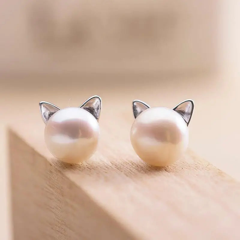 2024 Fashion Earings Jewelry Silver Color Small Pearl Cat Stud Earrings for Women Girls Summer Flower Earring