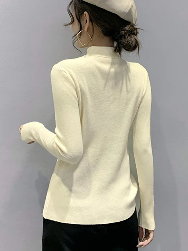 Autumn Winter Pullovers Women Hollow-out Sweaters Long Sleeve Half High Collar Sweater Female Slim Korean Knitwears Tops 2024