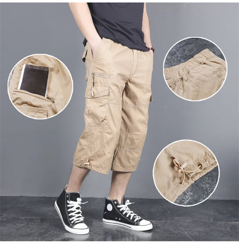 Long Length Cargo Shorts Men Summer Multi-Pocket Casual Cotton Elastic Capri Pants Men Military Tactical Short Hot Breeches 5XL