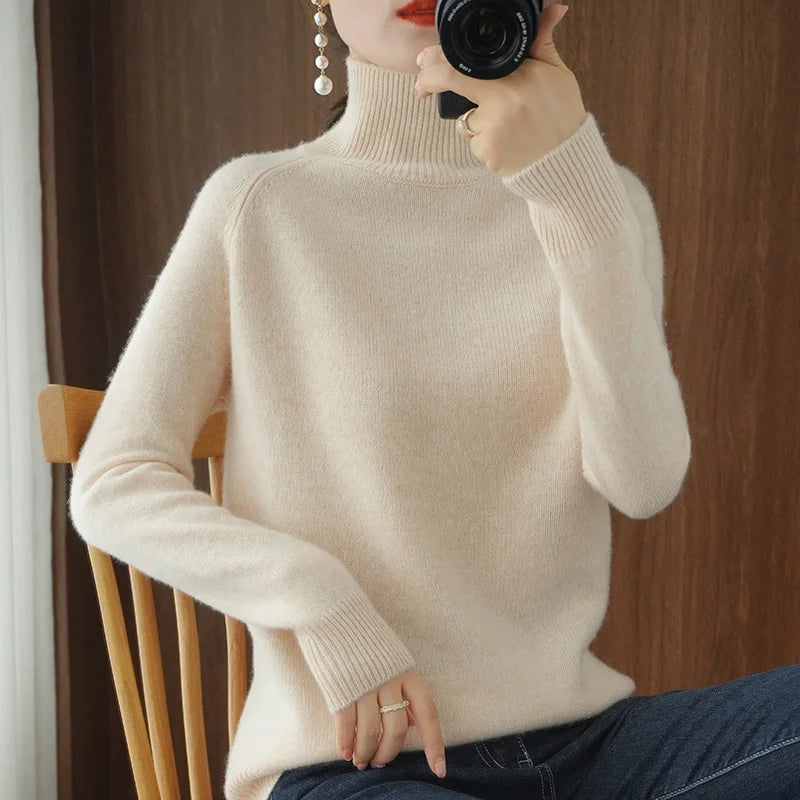 Turtleneck Merino Wool Pullover Basic Casual Cashmere Sweater Comfort Autumn Winter Women's Raglan Sleeve Clothing Tops