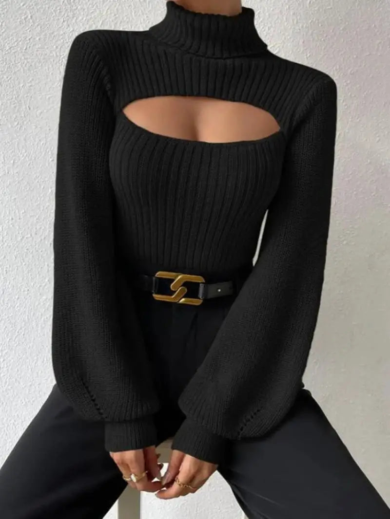 Chest Hollowed-out Sexy Sweater Design Sexy Loose Matching Sweater Fall Winter Turtleneck Hollowed-out Sweater Women Wear Top