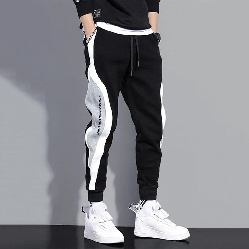 Spring Autumn Men's Wide Loose Casual Pants Mens Patchwork Nine-point Sports  Elastic Rope Breathable Tie-foot Trousers