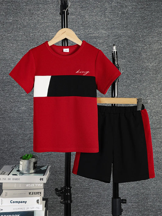 2pcs Boys Casual Colorblock Short Sleeve T-shirt & Shorts Set, Comfy Summer Kids Clothes