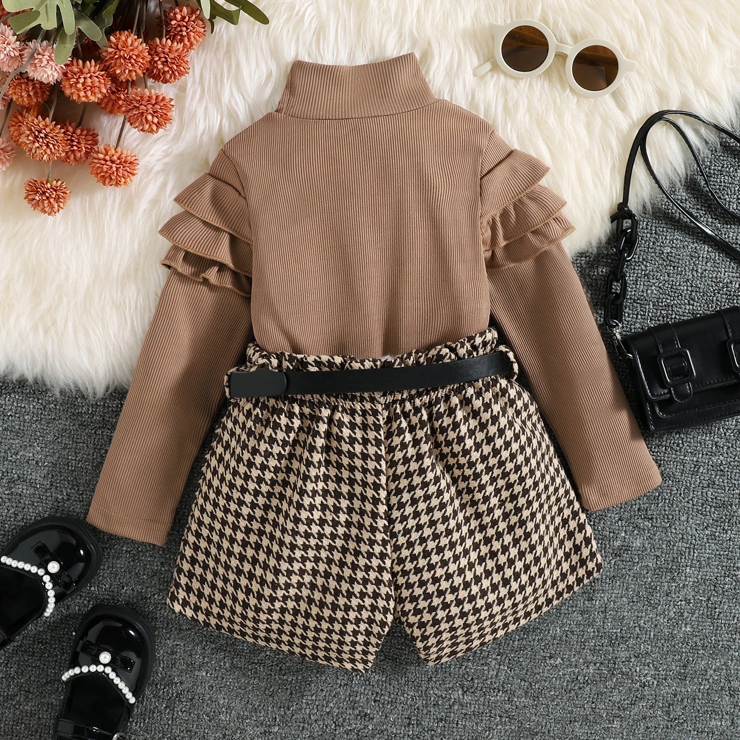 3PCS Autumn New Style 1-5 Year Old Girl Baby Fashionable Casual High-Neck Solid Color Top + Houndstooth Shorts Set