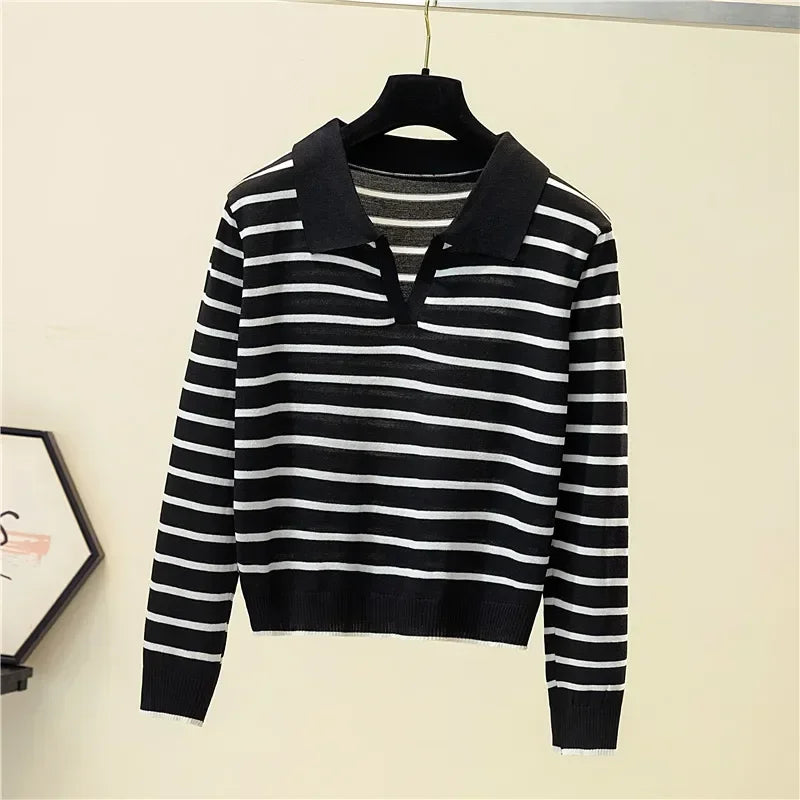 Women's Striped V-neck Pullover Polo Sweater Early Autumn All-match Tops Long-sleeved Knitted Bottoming Sweaters Jumpers New