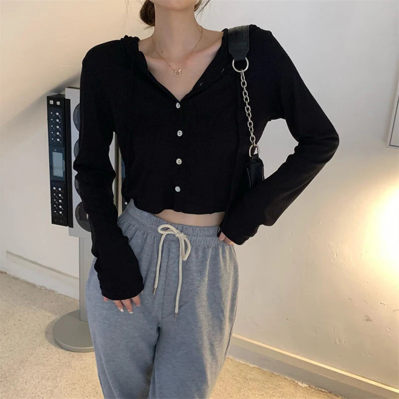 Fall Women Knitted Hooded Cardigan Korean Loose Streetwear Single Breasted Crop Tops Woman Solid Long Sleeve Knitwear