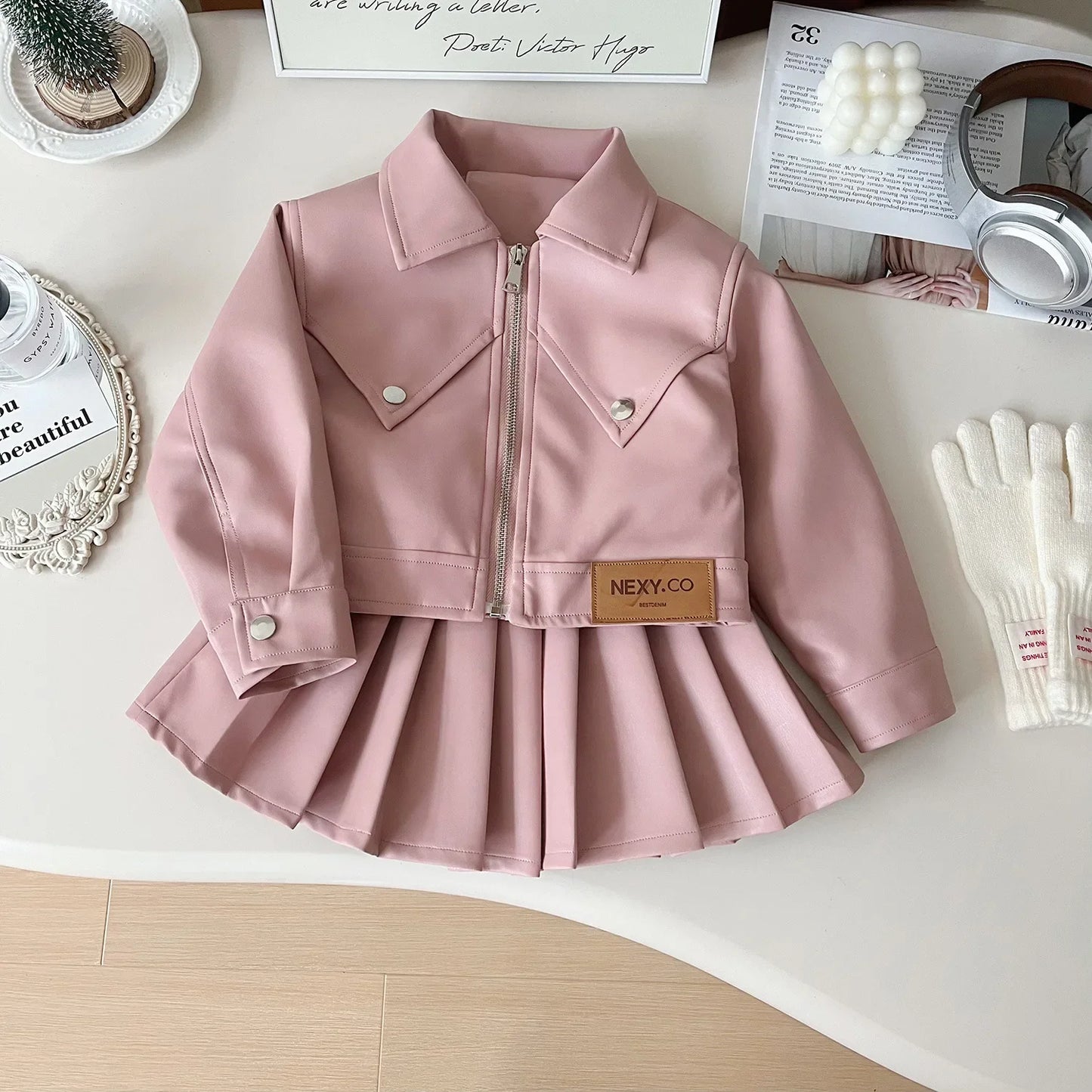 Two-piece Set for Girls Handsome Lapel Solid Leather Top + Solid Leather Pleated Skirt  Kids Clothes Girls  Toddler Girl Clothes