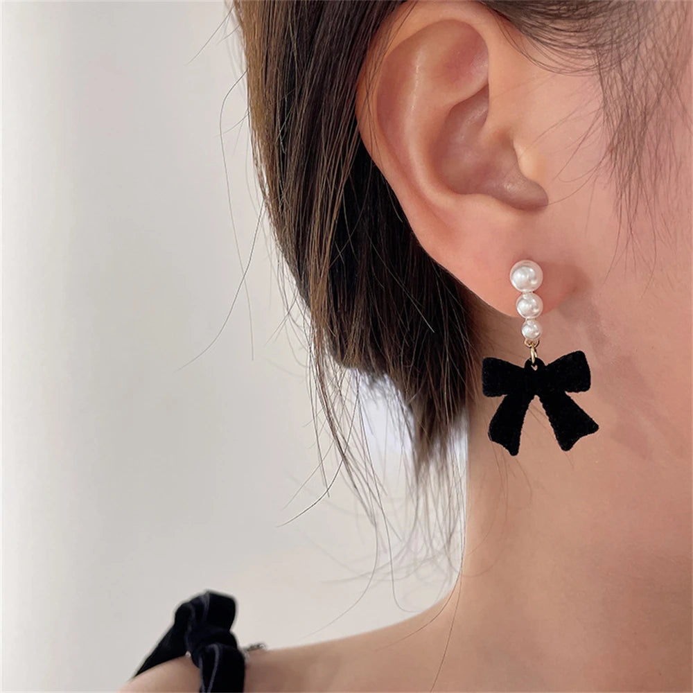 Red Black Bowtie Earrings for Women Girls Simulated Pearl Cloth Bow Tie Earrings Jewelry Ear Accessories Beautiful Gifts