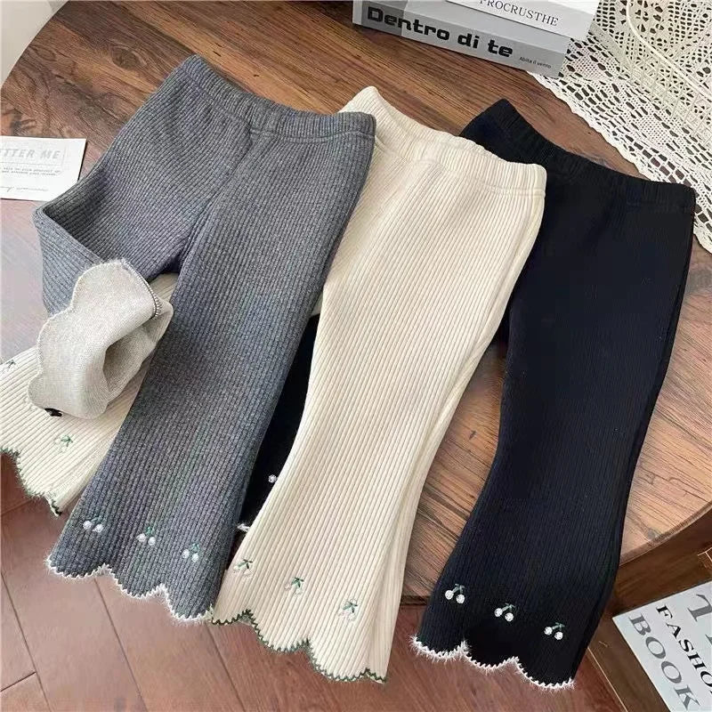 Girls One Piece Velvet Flare Pants Autumn and Winter Children's Korean Edition Foreigner Versatile Pants Baby plush warm pants