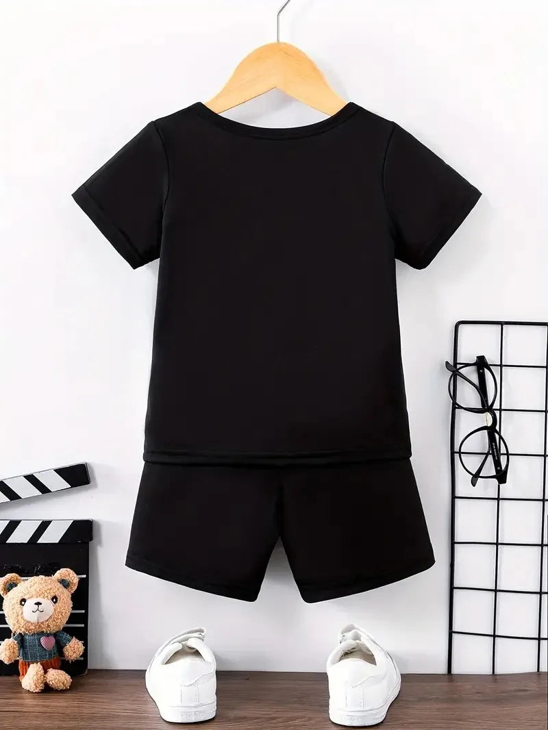 2pcs Boys Casual BALANCE Letter Graphic Print Short Sleeve Colorblock T-shirt & Shorts Set Comfy Summer Kids Clothes