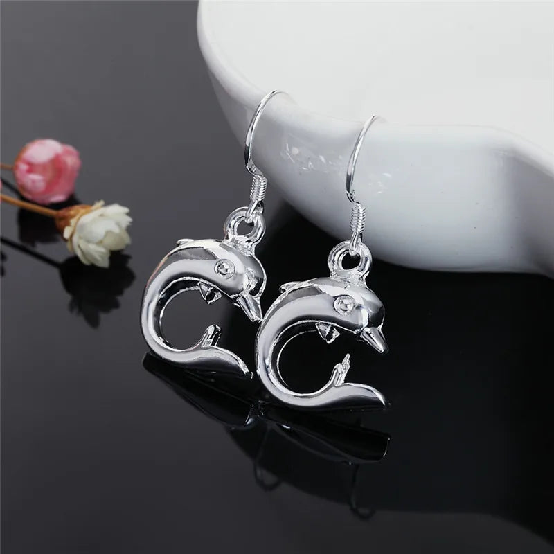 Hot Sale 925 Sterling Silver Cute Little Dolphin Drop Earrings Women Fashion Jewelry Christmas Gifts Long Earrings