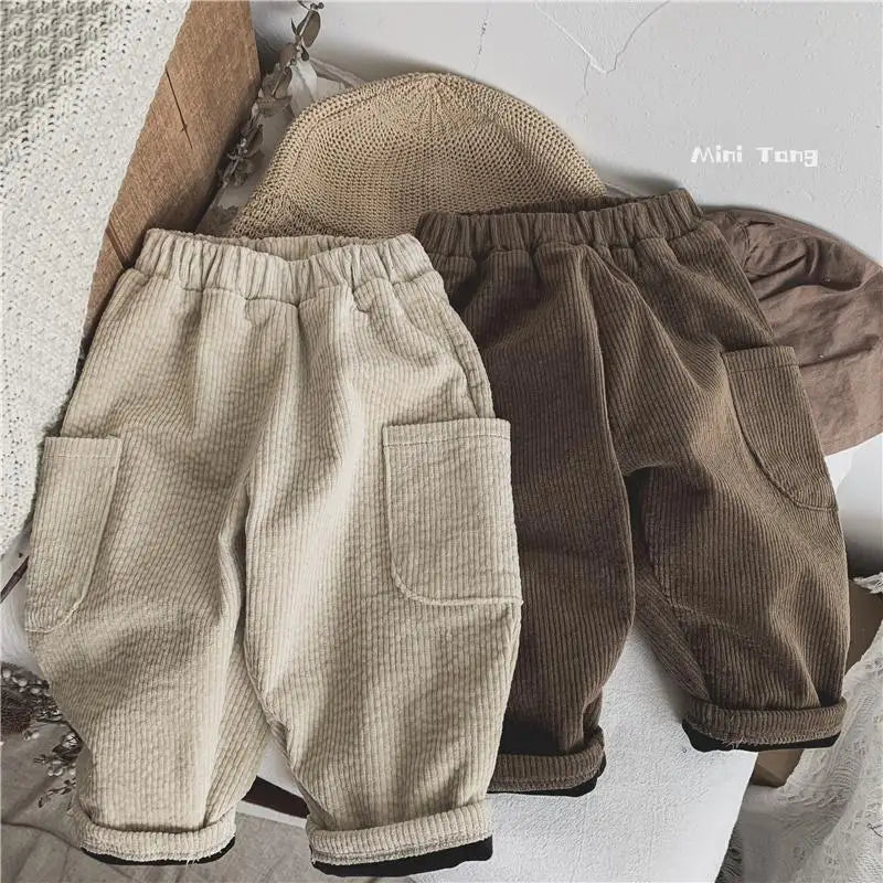 Winter Plush Warm Kids Pants 2024 Korea Style Children's Clothing Corduroy Plush Thick Warm Casual Pants for Boys Girls