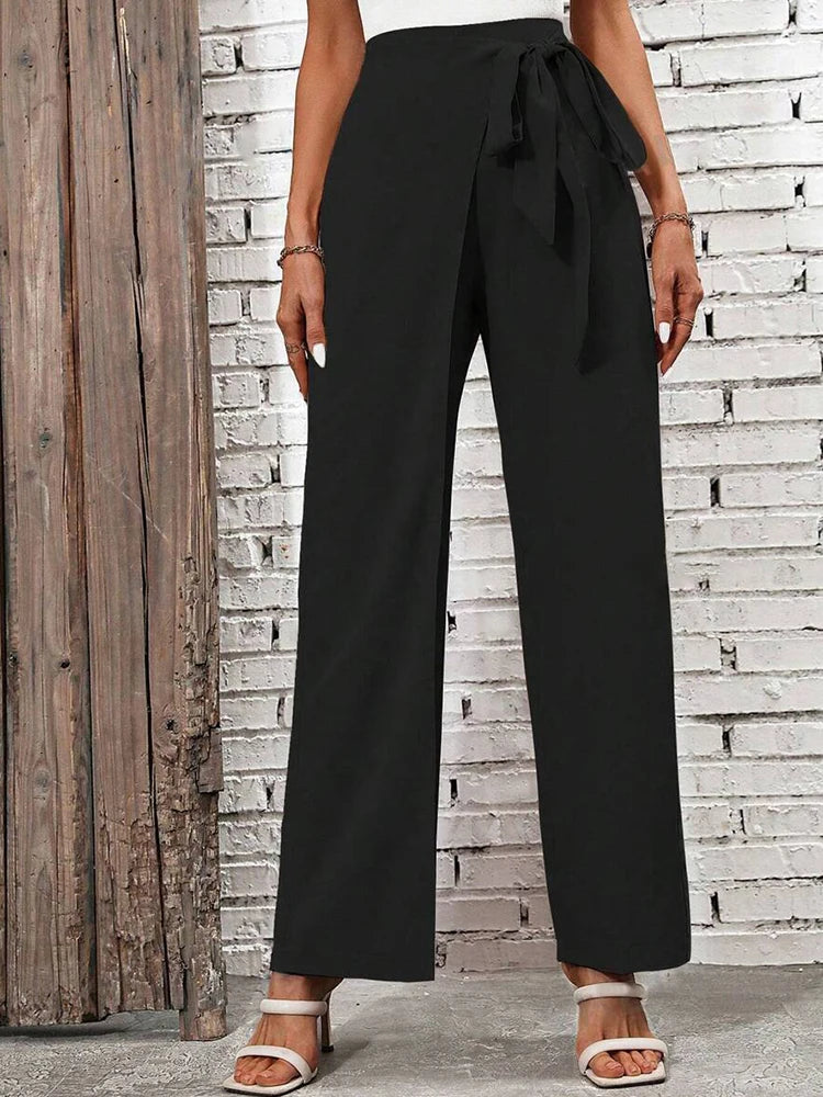 Women's Spring Autumn New Fashion Elegant Solid Color Pocket Elastic Bow Casual High Waist Loose Wide Leg Straight  Long Pants