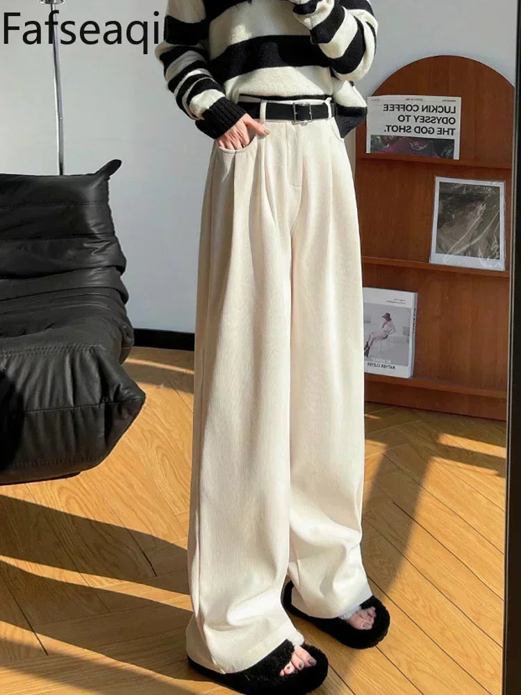 Elegant Wide Leg Pants for Women 2024 Autumn New Maillard Full Length Trousers Winter Women's Baggy Pants with Velvet Sweatpants