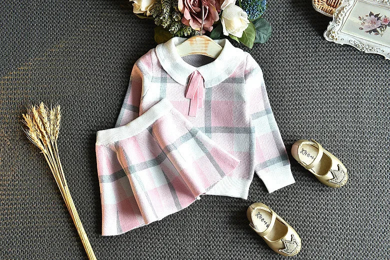 Baby Girls Winter Clothes Set Christmas Outfits Kids Girls Plaid Knit Sweater&skirt Fall Girl Clothing Set Children Costume