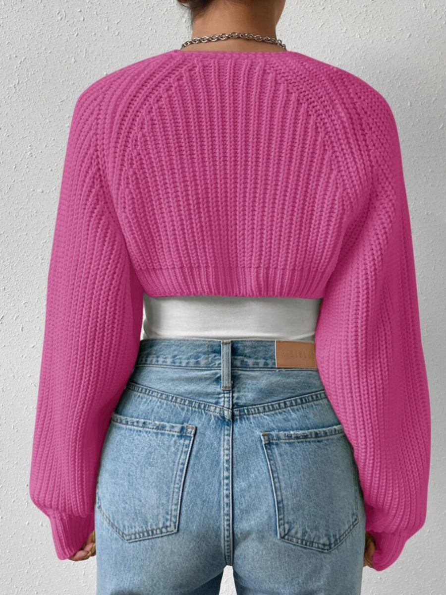 Women Spring Fall Ribbed Knit Sweater Cardigan V-Neck Long Sleeve Solid Cropped Shrug Sweater Bolero Tops Casual Outerwear