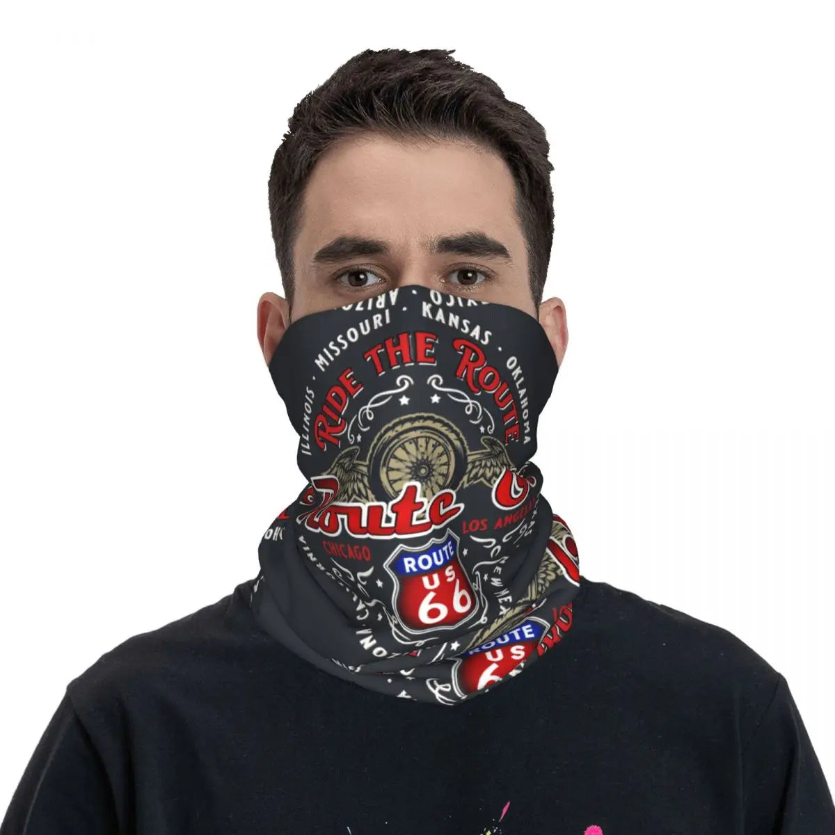 Ride The Route Motorcyle Bikers America's Highway Route 66 Bandana Neck Cover Printed Motorcycle Motocross Face Mask Balaclava