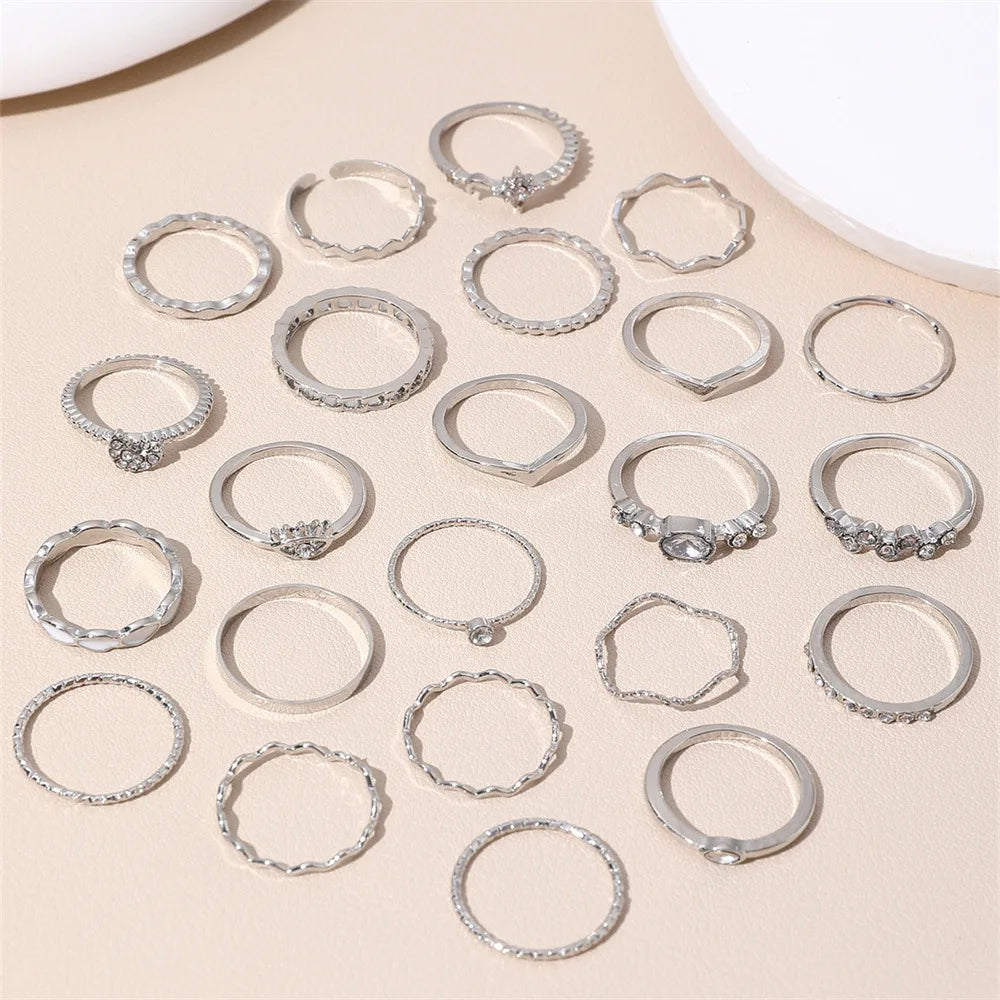 23Pcs Trendy Simple Knuckle Rings Set For Women Crystal Star Moon Eye Wave Ring Female Fashion Party Jewelry Accessories